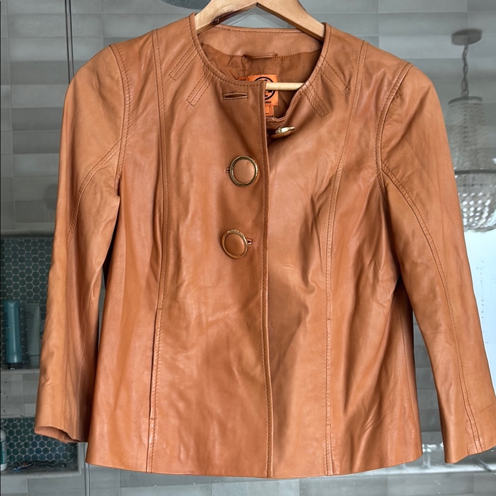 Tory Burch Tan Leather Jacket with Collarless Design